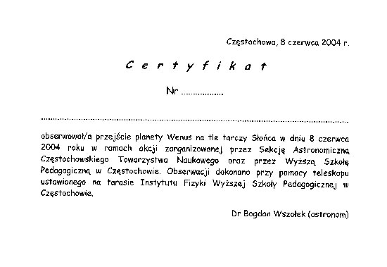 Awers formularza certyfikatu.