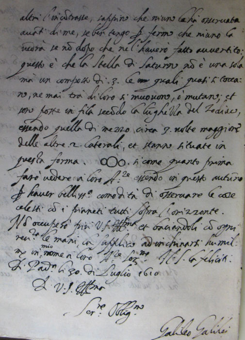 Fragment rkopisu Galileusza z 1610 roku dotyczcy Saturna (fot. B. Wszoek)